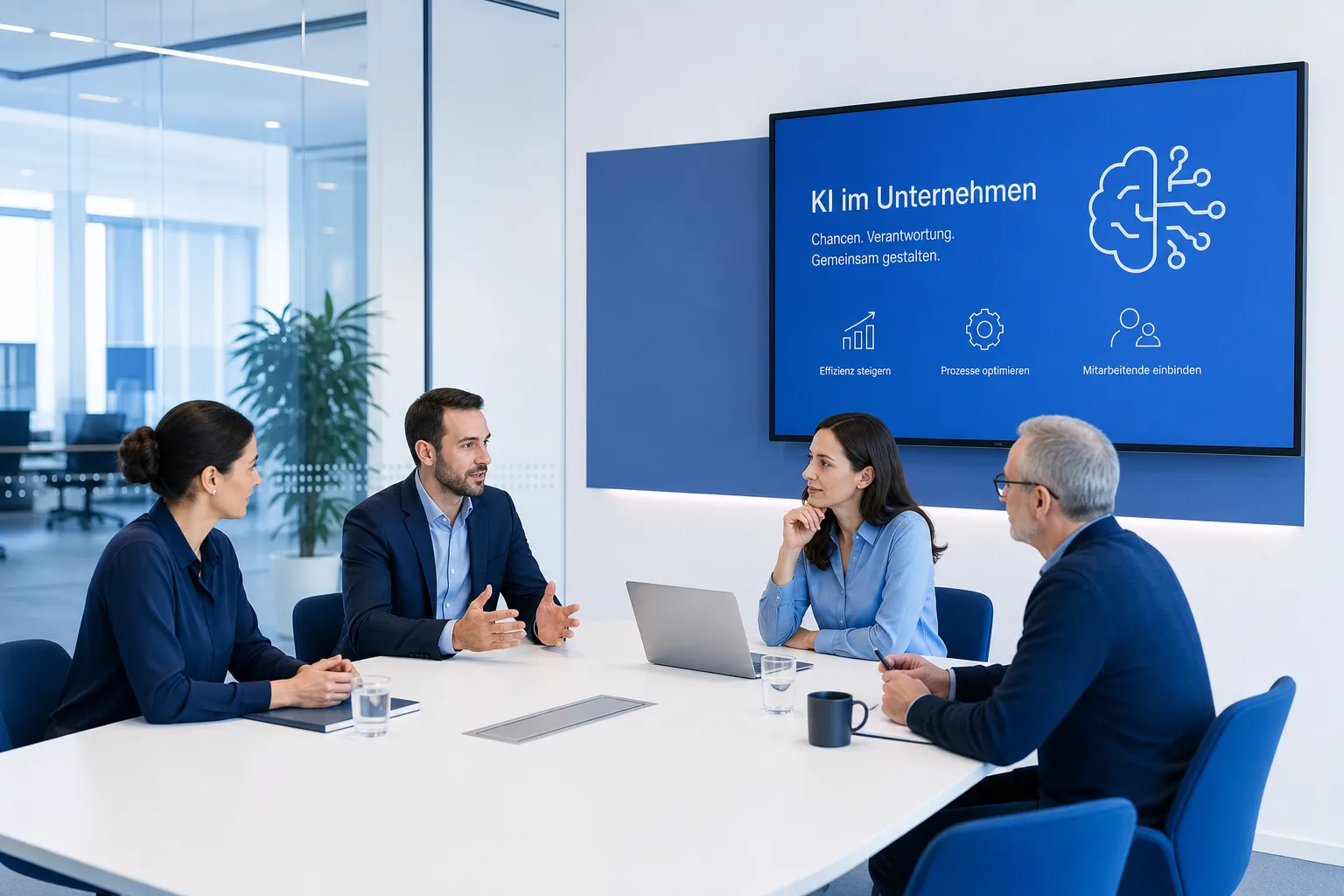 KI-Einführung im Büro Büroszene mit KI-Technologie und Teamdiskussion