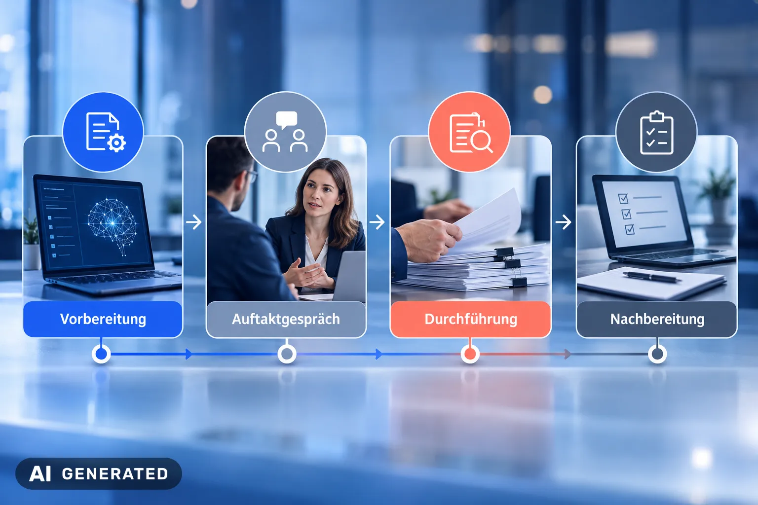 Ablauf eines KI-Audits Infografik Infografik: Ablauf eines KI-Audits mit Vorbereitung, Durchführung und Nachbereitung