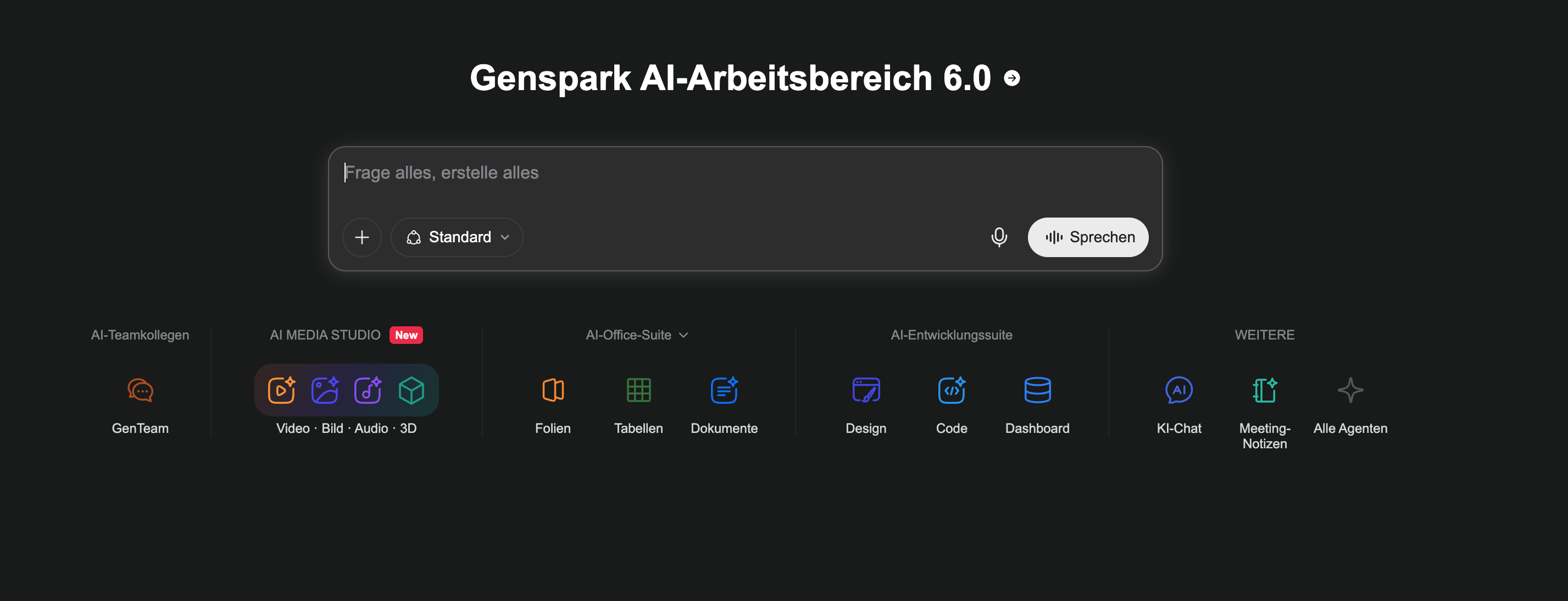 Genspark AI Workspace 6.0 with search field, voice control, and categories for AI teammates, AI Media Studio, AI Office Suite, AI Development Suite, and additional features