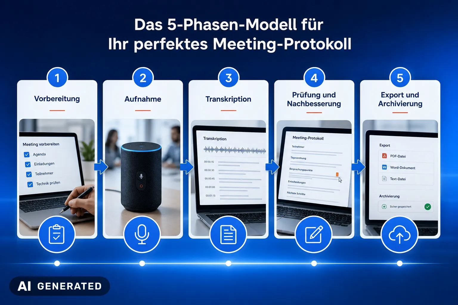 Ablauf Protokoll mit KI erstellen Infografik: Schritte zur Protokollerstellung mit KI